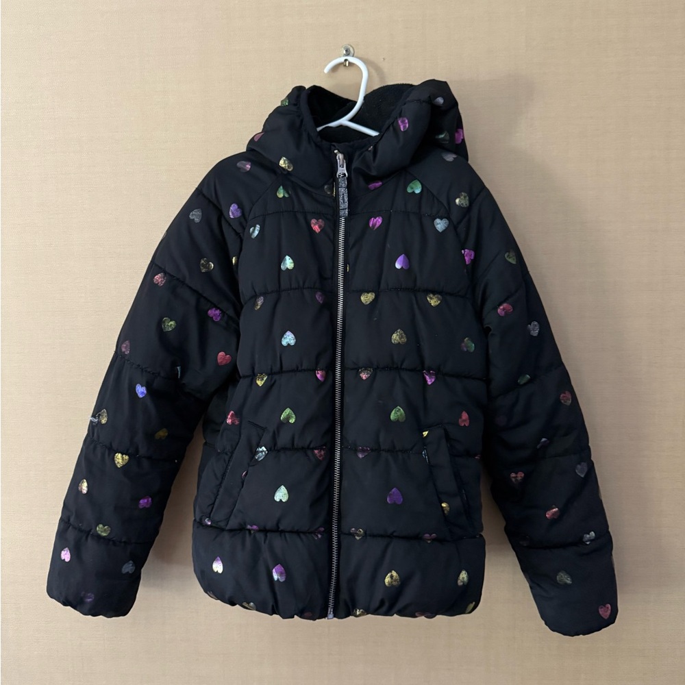 Old Navy Kids Black Puffer Jacket with Metallic Hearts